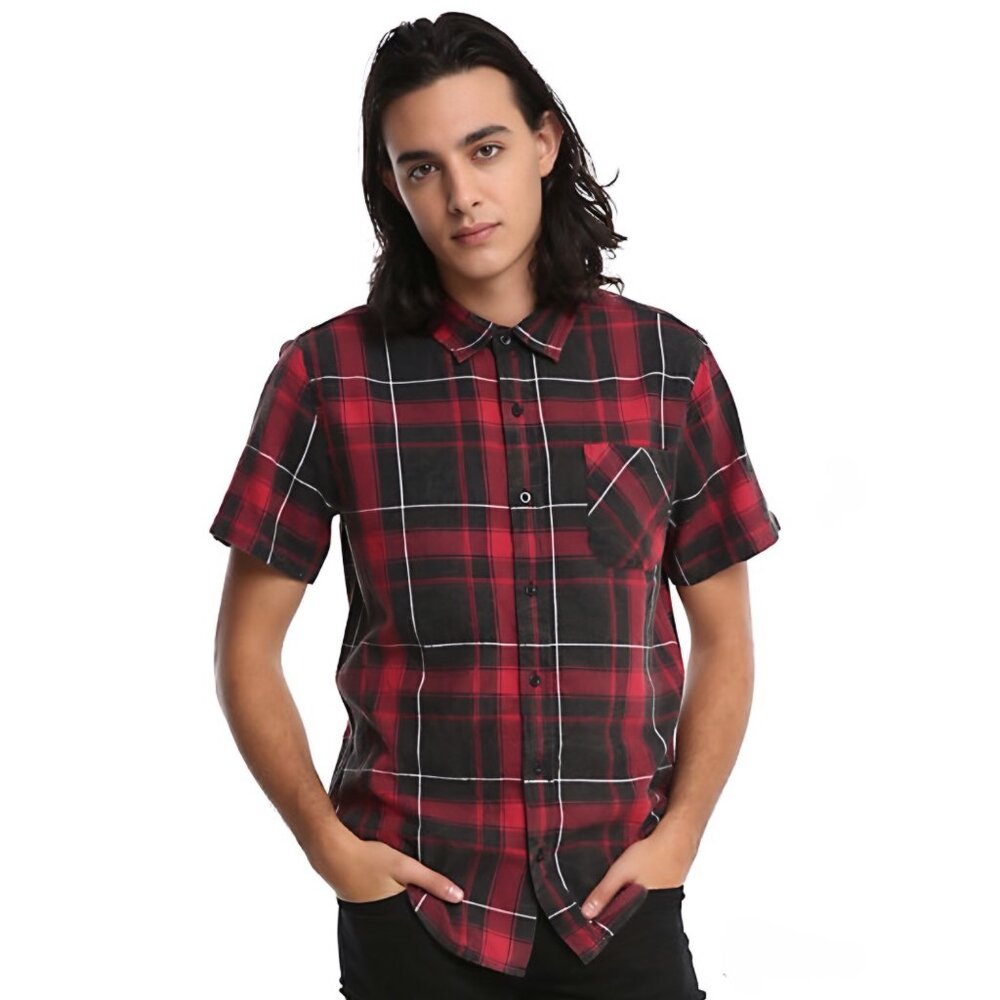 RUDE by Hot Topic ✦ Red & Black Plaid Button-Up Shirt ✦ Short Sleeve Grunge NWT